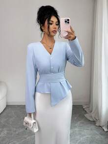 Rafferiza Camicia elegante da donna azzurra per l'autunno, maniche lunghe, scollo a V, vita plissettata con cintura, raffinata per ufficio, pendolarismo e appuntamenti - Blu - Visualizzare 4