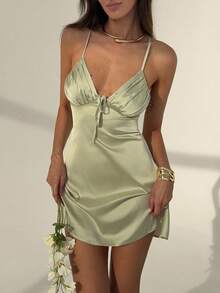 Aloruh Women's Valentine's Day Ruched Tie-Front Backless Mini Dress - Green - View 6