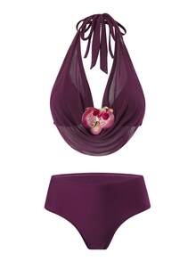 Swim Oasis Plus Size Floral Accent Sexy Solid Color Women Swimwear Set - Purple - View 3