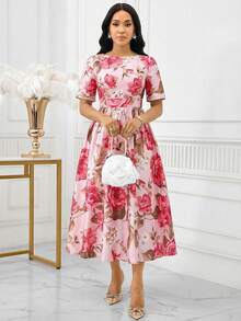 SHEIN Lady Women's Elegant Floral Print Round Neck Waist Cinched Midi Dress, Summer - Multicolor - View 6