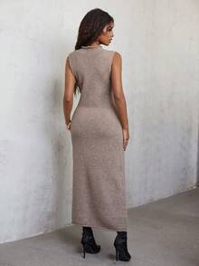 Eryvara Vestido de punto ajustado sin mangas de unicolor para mujer - Marrón - Ver 2