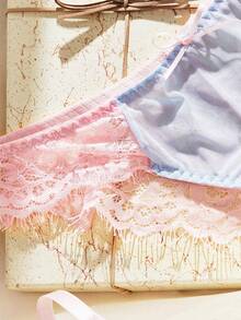 SHEIN 2 Stücke rosa & blaues Kontrast-Farben Spitzen-Patchwork Lingerie Set - Verschiedenfarbig - Übersicht 10