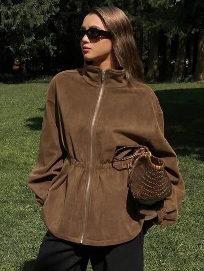 DAZY Veste décontractée à manches longues, col rond et fermeture éclair pour femmes, couleur unie