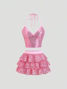 SHEIN Sweetro 2pcs/Set Women's Sequin Camisole With Tie Back And Short Cake Skirt, Spring/Summer - Pink - View 1