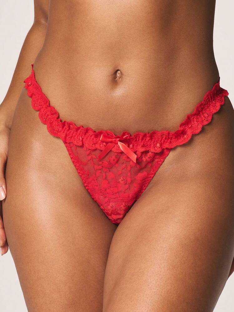 MISSGUIDED Lace Thong With Scalloped Trim Ruched Details Bow Accent Intimate Lingerie Underwear