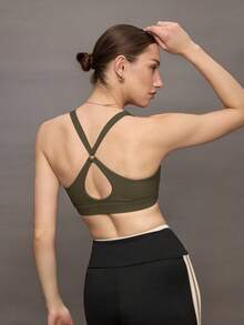 Activina Women's Solid Color Hollow Out Criss-Cross Back Sports Bra - Dark Green - View 4
