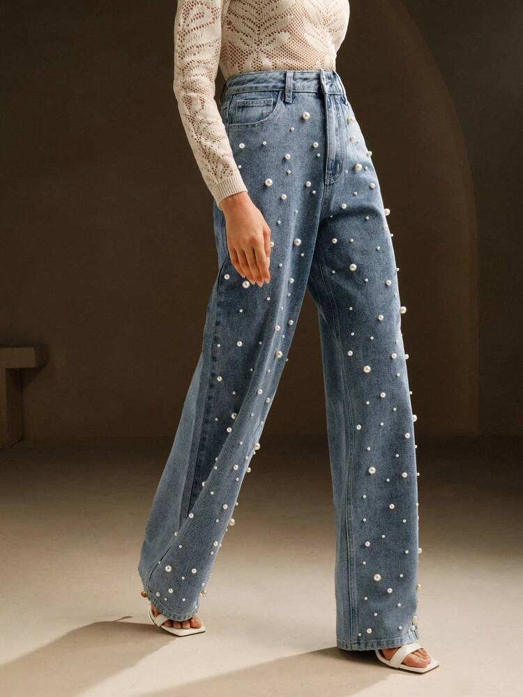 Elegant & Fashionable Washed Beaded Straight Loose Women's Blue Jeans, Spring/Summer