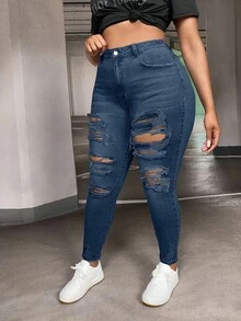 SHEIN Cottnline Plus Size Distressed Slant Pocket Skinny Casual Jeans - Medium Wash - View 4