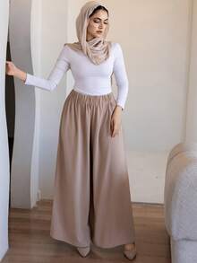 DAZY 女士休闲纹理弹力腰阔腿宽松长裤 - 卡其色 - 查看 3