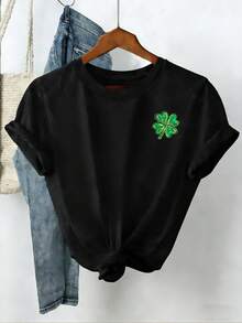 EMERY ROSE Women's Clover & Bow Print Round Neck T-Shirt - Black - View 3