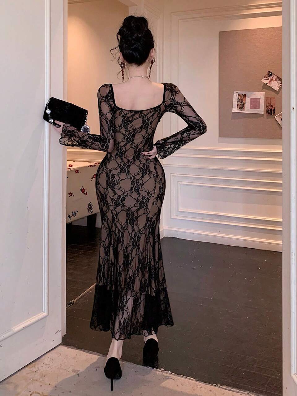 Elegant Long Sleeve Flare Cuff Rose Decor High Waist Slim Fit Lace Party Dress Maxi Dress Sundress
