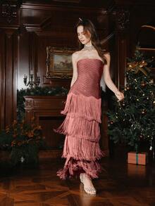 Anewsta Women's New Fashion Party Elegant Glamorous Rhinestone Multilayer Tassel Bandage Spaghetti Strap Dress - Dusty Pink - View 7