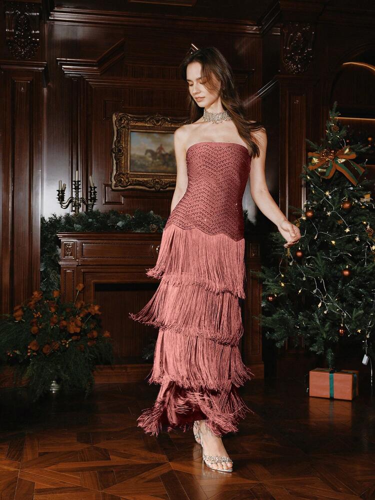 Women's New Fashion Party Elegant Glamorous Rhinestone Multilayer Tassel Bandage Spaghetti Strap Dress