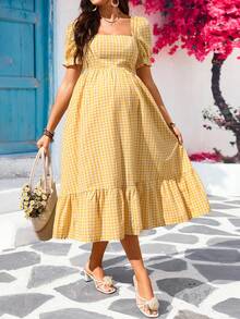 SHEIN 孕妇格子方领泡泡袖荷叶边下摆时尚连衣裙，适合度假 - 黃色 - 查看 3