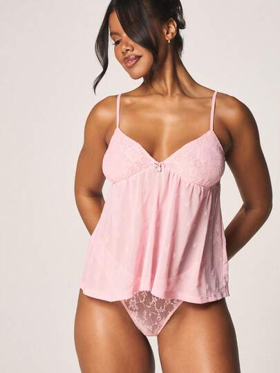 Missguided x Playboy Lace Detail Baby Doll Cami And Panty Lingerie Lounge Set With Empire Waist For Sleep And Relaxation For Valentine's Day