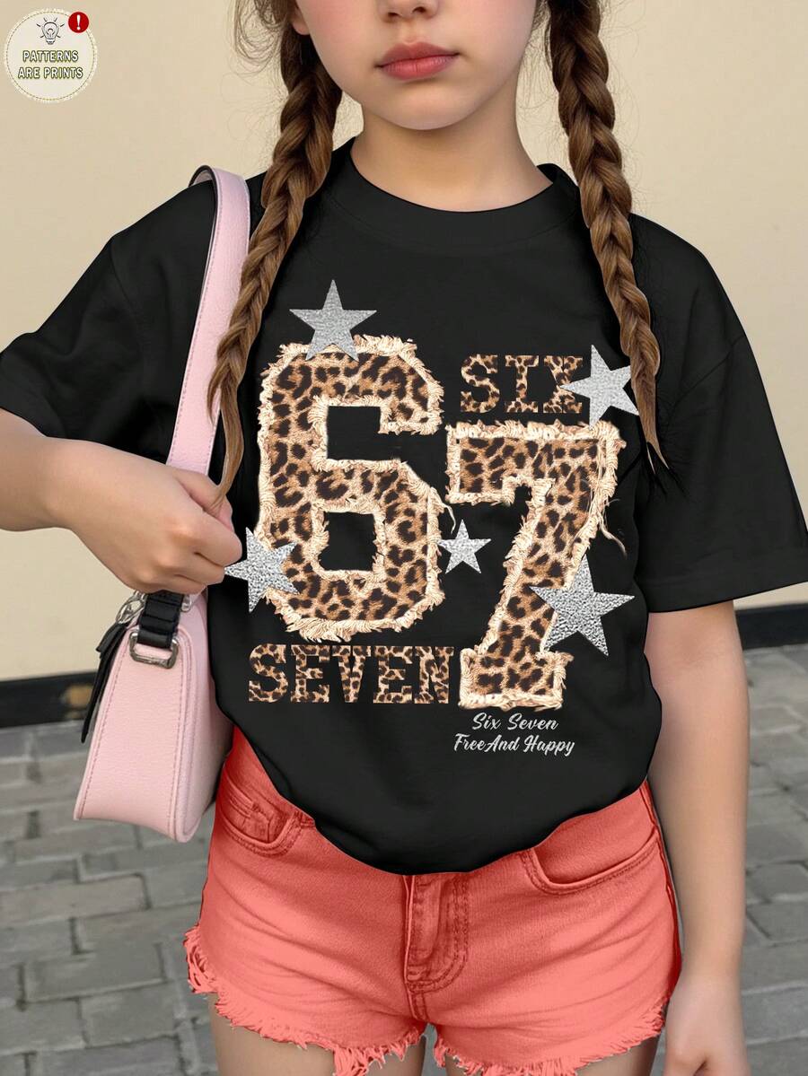 少女休闲简约时尚豹纹印花67星图案街头朋克风黑色短袖圆领T恤，适合夏季穿着，豹纹印花T恤，青少年女孩衬衫，宽松T恤，女孩休闲印花短袖T恤 - 彩色 - 查看 1