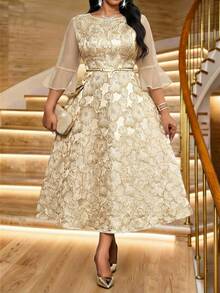 SHEIN Lady 大码优雅提花撞色网纱连衣裙，秋季 - 卡其色 - 查看 5