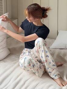 DAZY Teen Girl Solid Color Round Neck Short Sleeve Top And Grape Print Pants Pajama Set Summer - Navy Blue - View 5