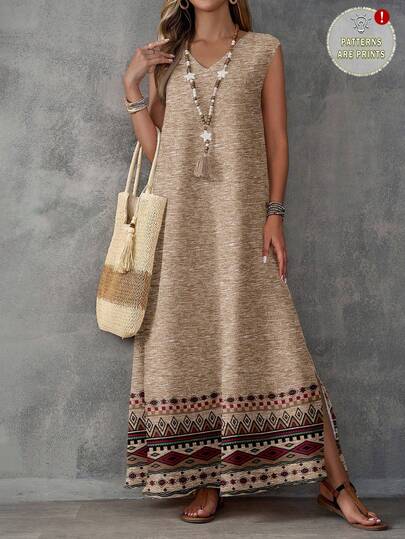 EMERY ROSE Vestido de mujer con estampado geométrico, adecuado para vestido de punto maxi de verano, vestido maxi bohemio para mujer, vestido maxi casual