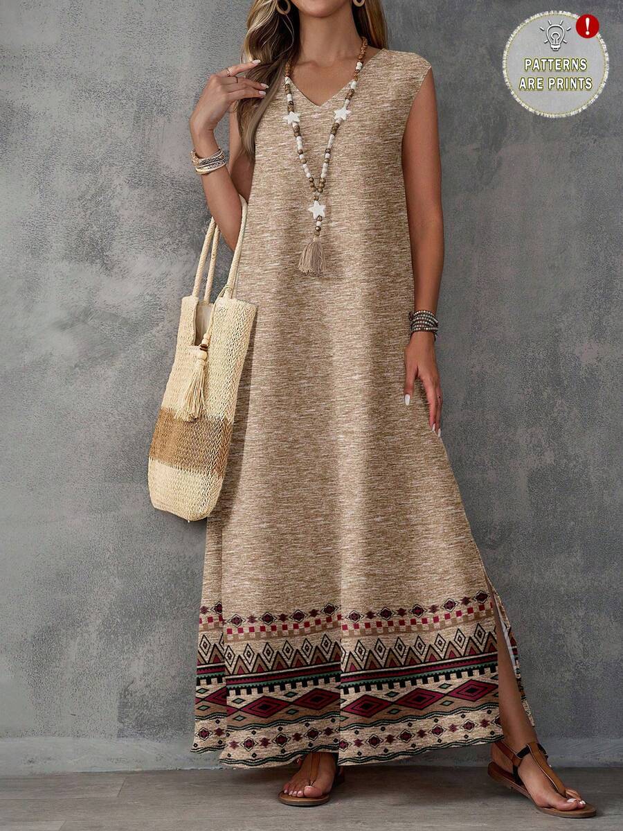 EMERY ROSE 女士几何印花连衣裙，适合夏季度假针织长裙，波西米亚风长裙，休闲长裙 - 彩色 - 查看 1