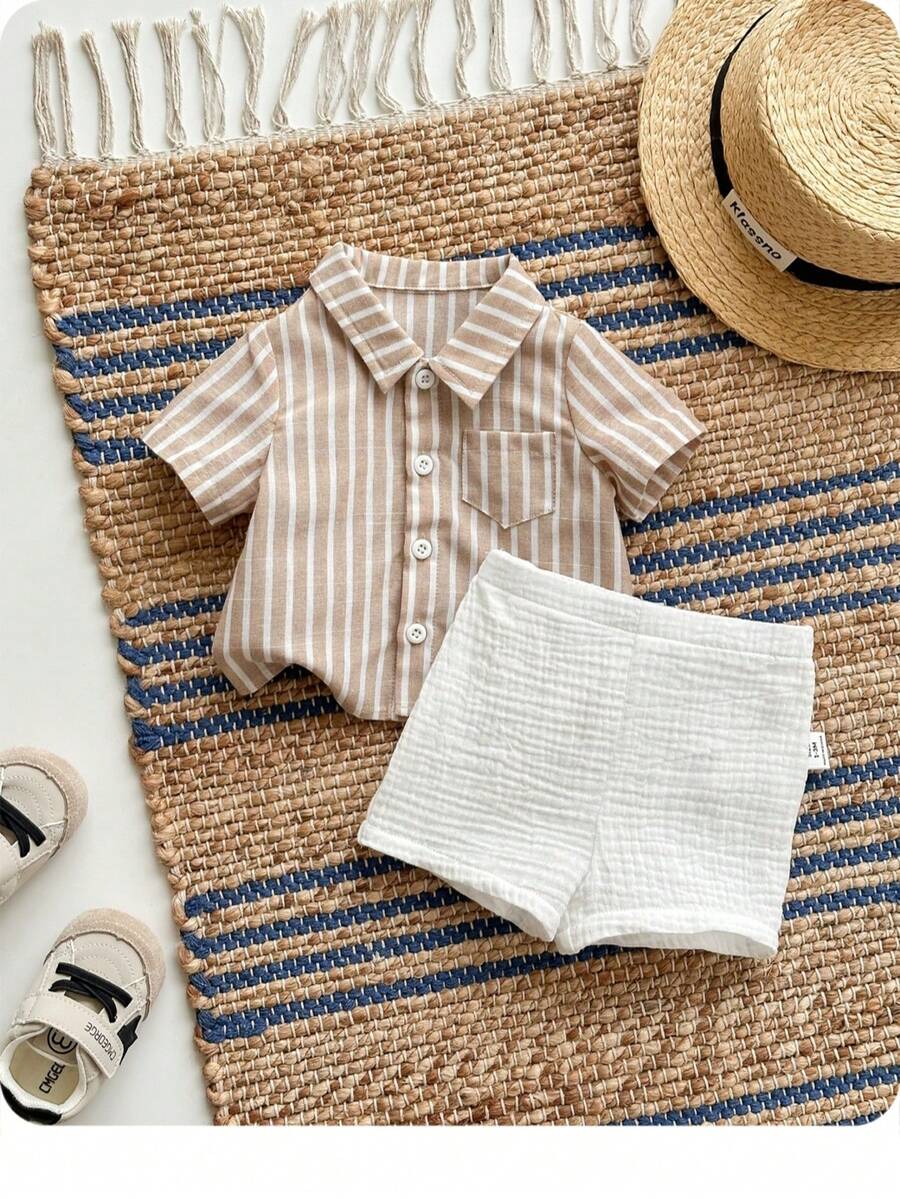 SHEIN Bộ áo sơ mi ngắn tay kẻ sọc và quần short cạp chun cho bé trai - Màu be - Xem 1