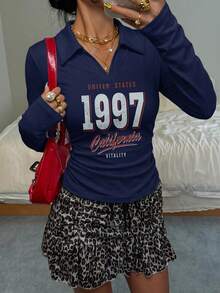 Attitoon Women's Casual Fashion Knight Print Lapel Long Sleeve T-Shirt With 1997 Graphic - Navy Blue - View 7