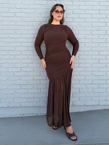 Nezia Cruz Robe élégante pour grandes tailles, robe portefeuille d'automne, robe élégante pour femmes, robe longue, robe marron, robe café, robe à manches longues, robe de rendez-vous - Marron - Voir 1