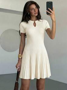 Aloruh Women's Elegant Commuter Minimalist Beige Knit A-Line Dress - Beige - View 7
