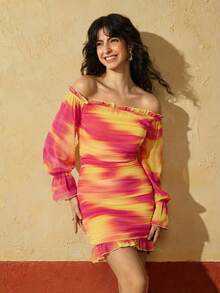 Felipe Marques Women's Floral Print Ruched Cold-Shoulder Long Sleeve Mini Dress, Casual For Vacation, Party, Beach In Autumn, Winter, Spring - Pink - View 3