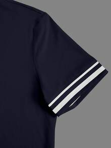 Manfinity Homme Setelan Pria Biru Tua Rajut Lengan Pendek Bergaris dan Celana Pendek Olahraga Gaya Basket - Navy Blue - View 4