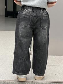 DAZY Young Boy Elastic Waist Pocket Loose Wide Leg Casual Jeans Spring - Black - View 8