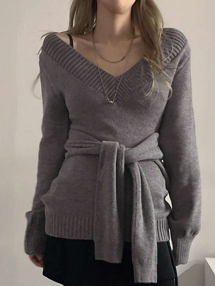 Women's V-Neck Fitted Waist Tie Sweater