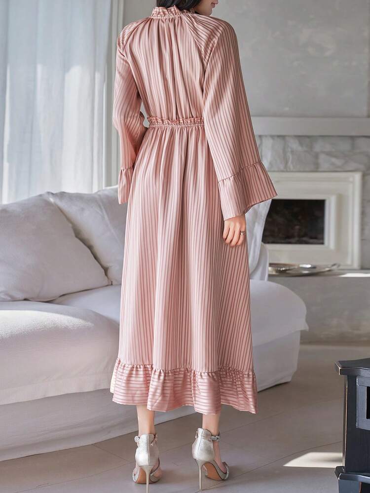 Women's Elegant Striped Frill Trim Tie Collar Dress, Spring/Summer Sundress