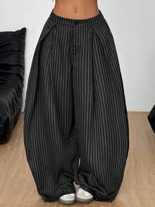 Coolane Women's  Plus Size Summer Going Out Outfit Casual Streetwear Striped Mid Rise Wide Leg Elastic Waistband Pants Oversized Inclusive Sizing Pant - Black - View 5