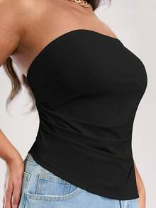 SHEIN BAE Plus Size Women's Tube Top Solid Color Beige Stretch Knitted Tight Ruffled Asymmetrical Design Hem Tank Top - Black - View 5