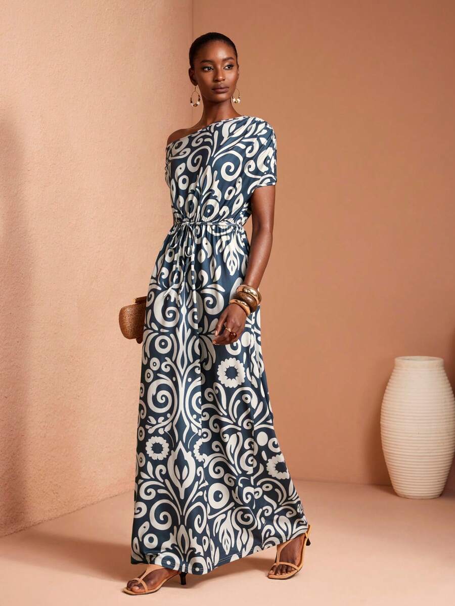 JIAN LASALA All-Over Print Knit Jersey One-Shoulder Drape Waist Tie Batwing Sleeves Women Maxi Dress Beach Wedding Guest - Multicolor - View 1
