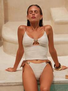 Swim Chiccia Women's Summer Beach Vacation Textured Fabric Metallic Starfish Decor Contrast Color Twist Tankinis Swimsuit - Beige - View 3