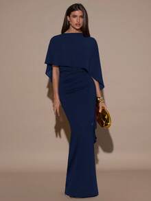 SHEIN BAE 女士优雅简约纯色修身二合一披肩连衣裙 - 藏蓝色 - 查看 3