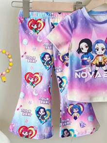 SHEIN 可爱迷你波点渐变奶油粉，趣味字母“可爱、聪明又有点戏剧化❤”女婴休闲简约短袖圆领T恤和喇叭裤套装，夏季穿搭，舒适百搭，适合秋季叠穿，时尚女婴，休闲装，女婴图案服装，返校季，秋季服装，返校节 - 彩色 - 查看 4