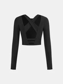 Tween Girl Fashion Knit Casual Soft Backless Criss-Cross Thumb Hole Long Sleeve T-Shirt Black Autumn Pilates Active Wear Cut Out Back Crop Top, Tween Girl - Black - View 5