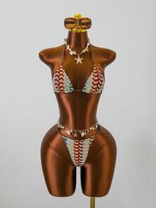 Zestiva Spring/Summer Jacquard Knit Halter Backless Bikini Top And Thong Bottoms Women Sexy Swimwear Set For Beach Vacation Seashell Swimsuit Metallic Swimsuit Rhinestone Swimsuit - Multicolor - View 2