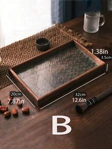 1pc Begonia Flower Vintage Embossed Wooden Glass Walnut Color Snack Storage Box Desktop Storage Dinner Plate Rectangular Polygonal Enamel Tea Tray Dried Fruit And Dessert Household Tray - Walnut - View 5