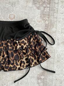 Attitoon 休闲复古朋克Y2K性感时尚，情人节音乐节西部哥特风，豹纹图案三层蛋糕裙泡泡裙拼接黑色撞色腰带侧抽绳褶皱女式迷你裙，适合夏季外出 - 彩色 - 查看 4