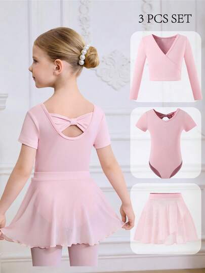 Conjunto de baile de tres piezas rosa para niña, de alta elasticidad y piel amigable, falda de ballet, adecuado para uso diario, primavera y verano, entrenamiento de baile y ropa deportiva.