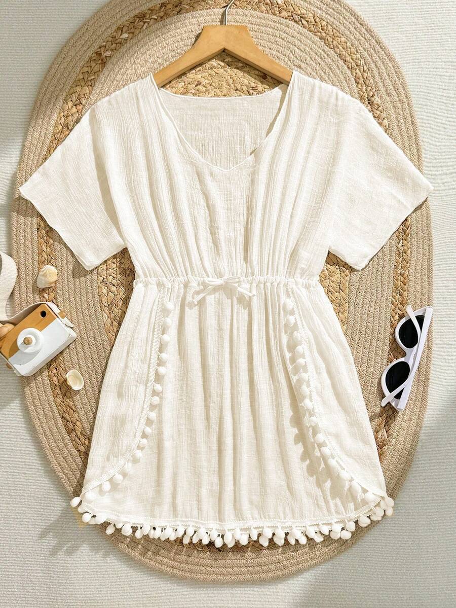 SHEIN Vestido casual de manga corta con cuello en V y fruncido de unicolor, versátil para niña preadolescente - Beis - Ver 1