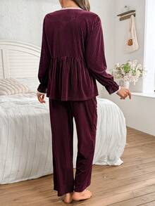 Moonlight&Mama 2pcs Maternity Velvet Crew Neck Cardigan With Lace Trim Flare Sleeve & Pants Sleepwear Set, Burgundy, Autumn/Winter - Burgundy - View 2