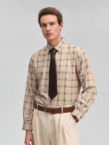Officeau New Fashion Casual Plaid Print Long Sleeve Shirt, Fall Spring To Summer - Khaki - View 2