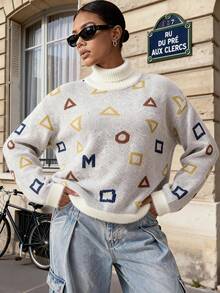 Manfinity Unisex Men's Geometric Pattern Turtleneck Long Sleeve Casual Sweater, Autumn/Winter - Apricot - View 4