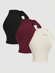 SHEIN MOD Bộ 3 áo kiểu nữ thanh lịch xếp ly buộc dây cổ yếm, màu trơn, phù hợp cho công sở và đi làm, ngày Valentine, quà Valentine cho nữ, lễ hội, phong cách thập niên 70, retro, vintage, áo kiểu sang trọng, áo nơ, áo thanh lịch, áo xếp ly - Nhiều màu - Xem 2