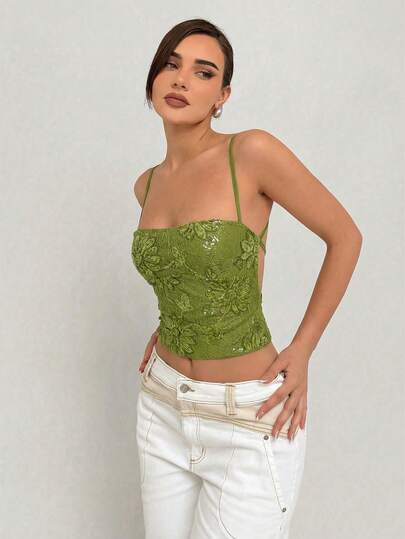 Aloruh Summer New Green Lace Backless Tie Strap Camisole Top, Romantic Date Wear, Bohemian Style Sequin Lace Cami Top, Suitable For Back To School, Party, Beach Vacation